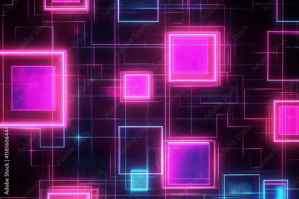 Poster Dynamic Cybernetic Background with Neon Pink and Blue Squares in Motion : Generative AI