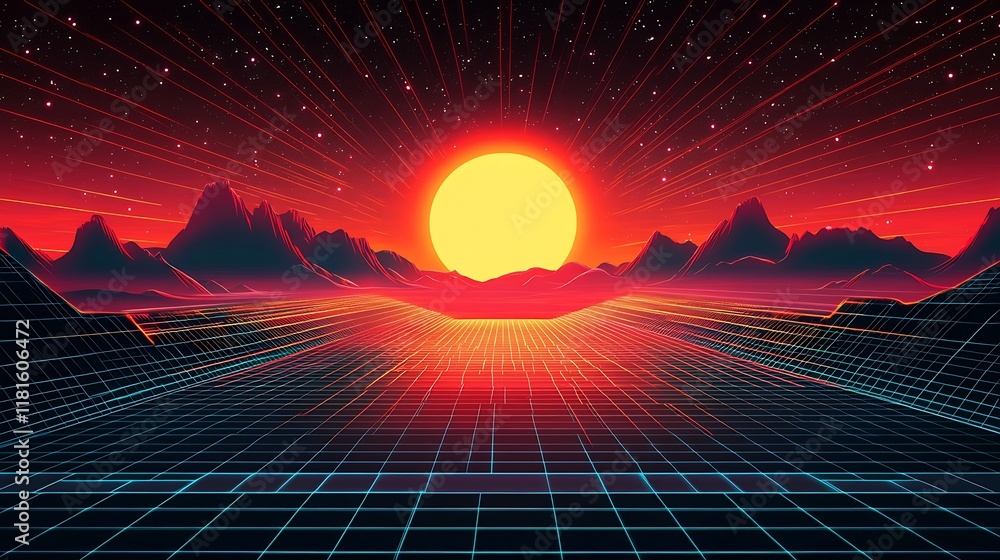Poster retro future sunrise with neon grid and mountains in a cosmic dreamscape : generative ai