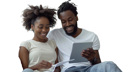 man and woman smiling looking at a tab with no background that has been removed transparent background