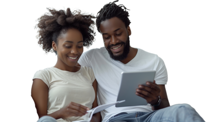 man and woman smiling looking at a tab with no background that has been removed transparent background
