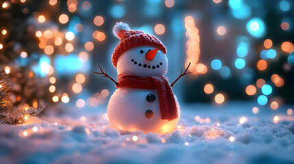 Obraz premium Snowman Shines Brightly in Winter Wonderland with Festive Lights