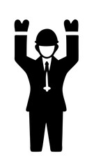 Silhouette of a person in formal attire raising arms in celebration