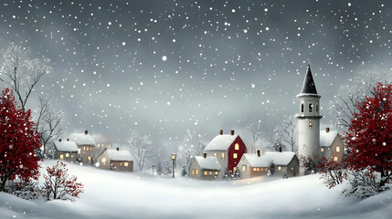 Fototapeta premium Winter Village Embraces Snowfall Gently, Creating Cozy Atmosphere Quietly