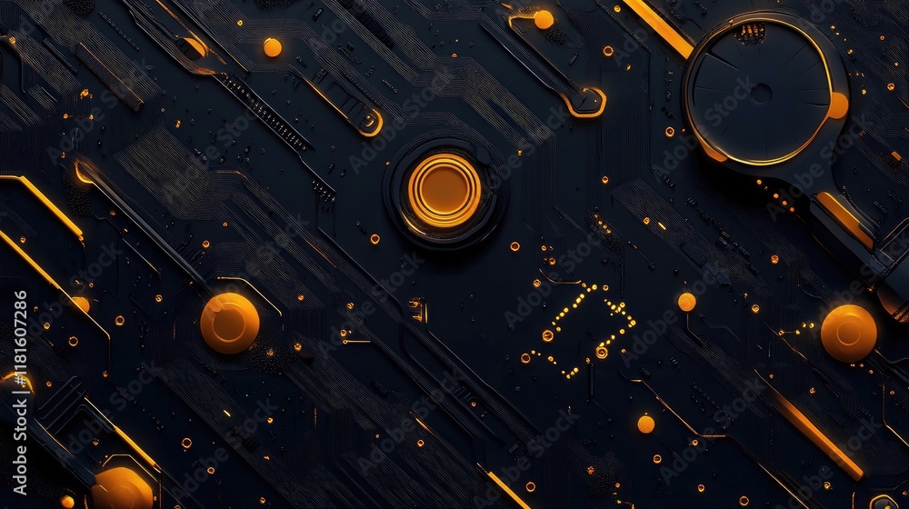 Poster futuristic abstract background with circuit elements and yellow glow