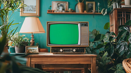 Retro television with a green screen in a cozy vintage living room
