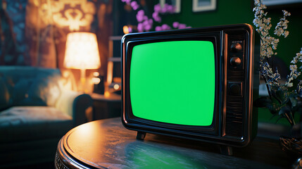 Retro television with green screen on desk in cozy vintage living room