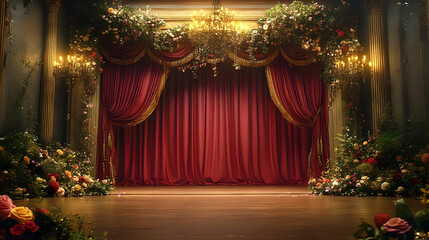 Elegant Stage Design Shines with Floral Arrangements and Red Curtains