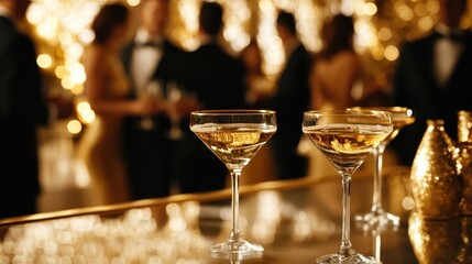 Elegant Champagne Glasses at Upscale Gala Event with Blurred People and Golden Bokeh.