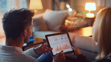 Two people reviewing financial charts and data on a tablet in a cozy living room setting with ambient lighting. The digital overlay of graphs conveys concepts of technology, stock market analysis - Powered by Adobe