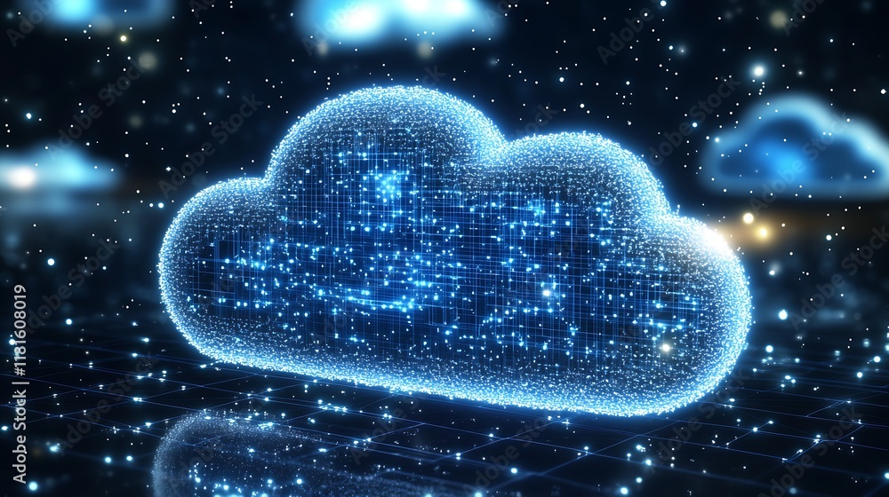 Poster digital glowing cloud illustration representing cloud storage technology and cybersecurity : generat
