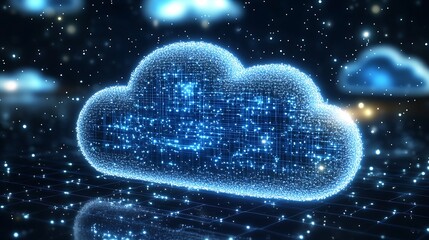 Digital glowing cloud illustration representing cloud storage technology and cybersecurity : Generative AI