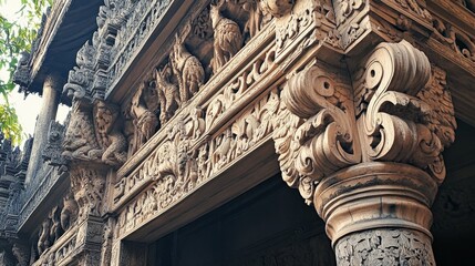 Fototapeta premium Intricate Wood Carvings of a Majestic Temple