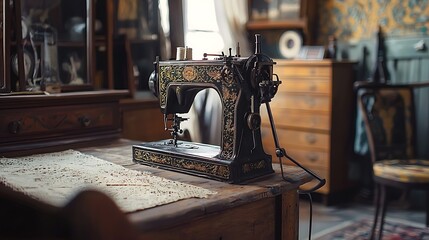 Vintage sewing machine in a cozy interior.