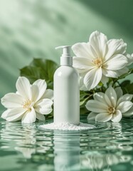 Skin care bottle on the water with flowers