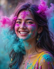 colorful holi powder clouds exploding and splashing around woman face