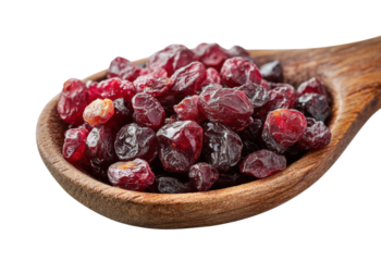 Dried Chinese wolfberries in a wooden spoon isolated on white. Nutritional organic superfood, goji berries antioxidant rich snack isolated on transparent background