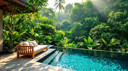 Tropical outdoor setting featuring a private pool and lounge area surrounded by lush greenery. Useful for depicting luxury travel, relaxation, and vacation getaways.