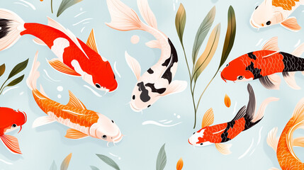 Koi fish of various colors swim among delicate aquatic plants in calm water
