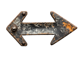 Rusty metal directional arrow with weathered texture, industrial design, antique decor, vintage sign, and aged finish for navigation and rustic style isolated on transparent background