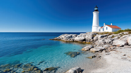 charming lighthouse stands on rocky shores by clear blue sea