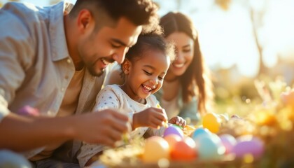Fototapeta premium Family enjoying easter egg hunt outdoors in sunny park