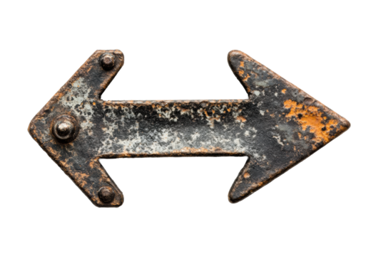 Rusty metal directional arrow with weathered texture, industrial design, antique decor, vintage sign, and aged finish for navigation and rustic style isolated on transparent background