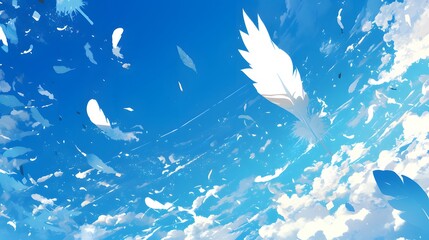 White feathers soaring in a bright blue sky