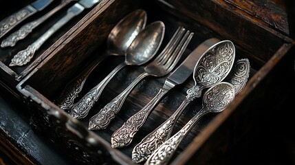 Vintage silverware arranged in a wooden drawer.