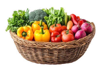 Basket with ripe red tomatoes, zucchini, garlic bulbs, and fresh parsley, perfect for cooking, recipes, or organic food lovers isolated on transparent background