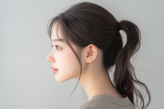 Beautiful young japanese woman with ponytail in side profile portrait