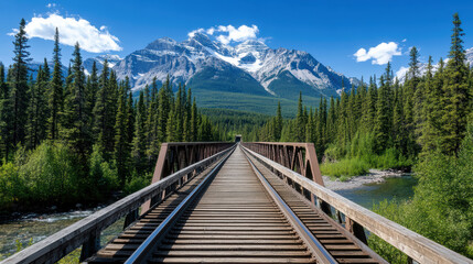 scenic railway bridge surrounded by mountains and lush forests