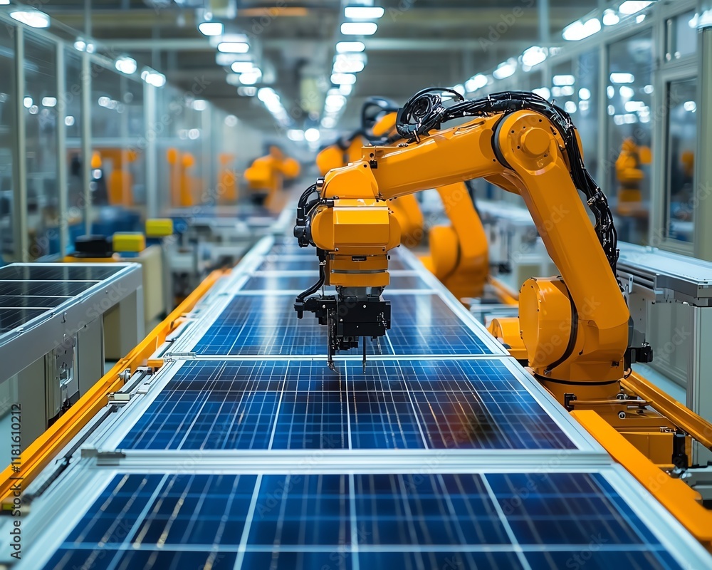 Poster solar panel manufacturing facility with an advanced robotic assembly line, powered by hightech autom