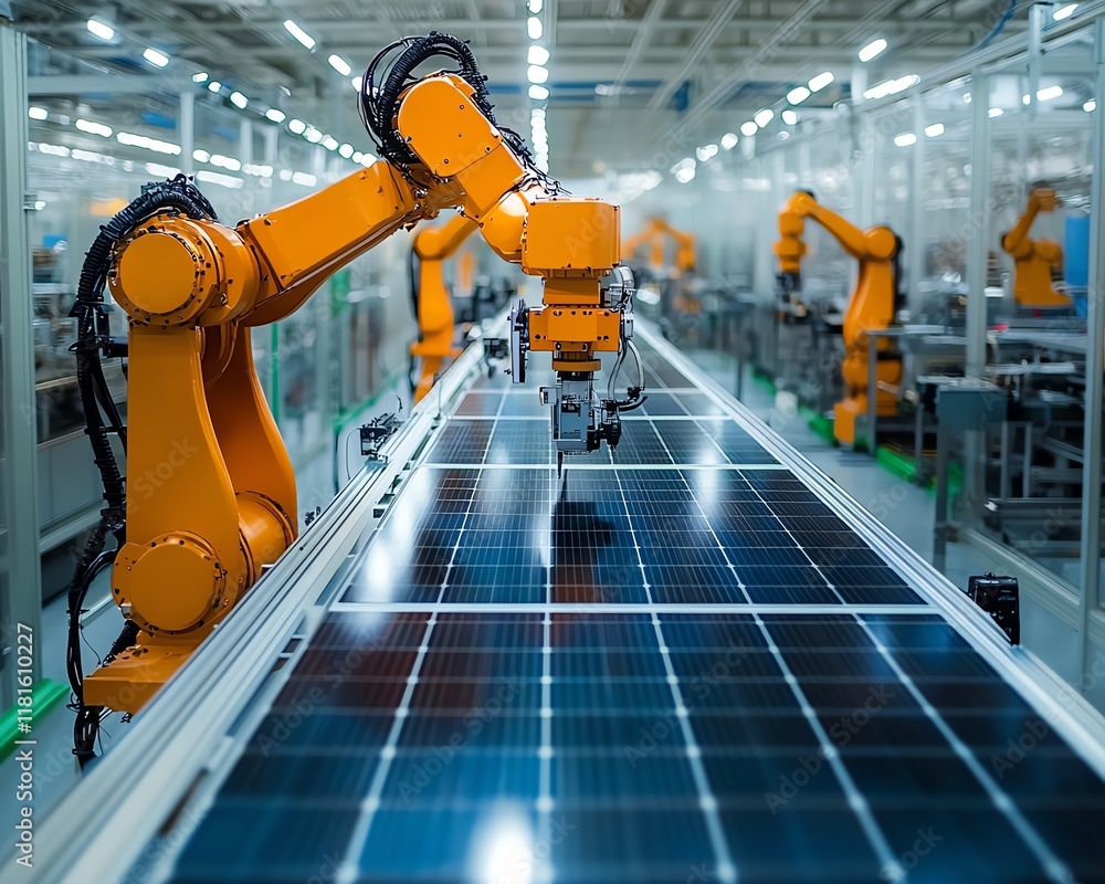 Poster solar panel manufacturing facility with an advanced robotic assembly line, powered by hightech autom