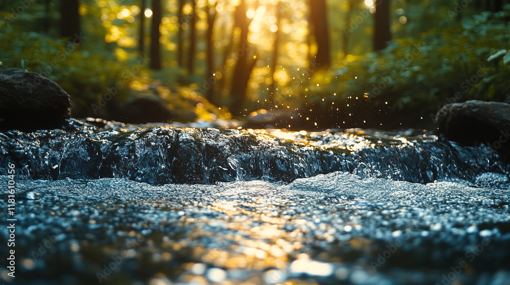 Poster sunlight filtering through trees over a tranquil forest stream at golden hour