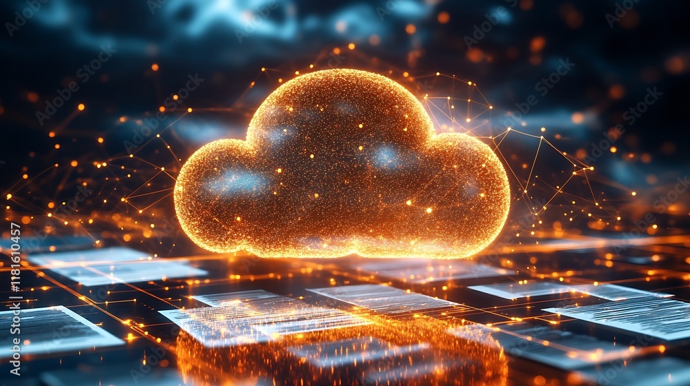 Poster Innovative digital cloud with glowing orange nodes for modern data technology networking : Generative AI