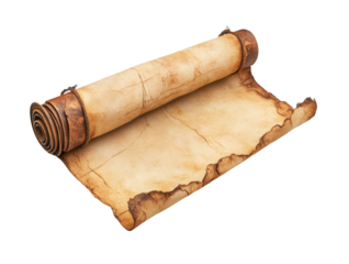 Aged parchment scroll with curled edges, textured antique paper for historical documents, vintage blank manuscript background for writing or design isolated on transparent background