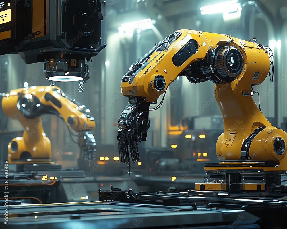 Poster advanced robotic arms in a stateoftheart industrial factory, interacting with hightech machinery and