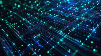 Abstract Digital Circuit Board with Glowing Connections and Bokeh Background.