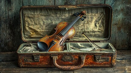 Vintage violin in an old case on a wooden surface.