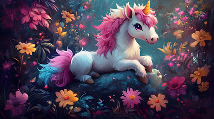 Obraz premium Unicorn Rests Peacefully in a Magical Flower Garden