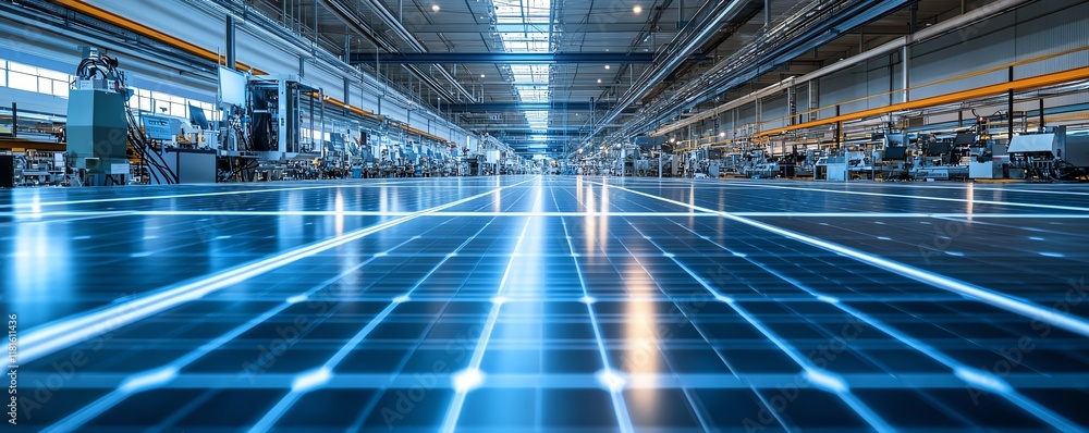 Poster advanced robotic assembly line in a modern solar panel manufacturing facility, with hightech automat
