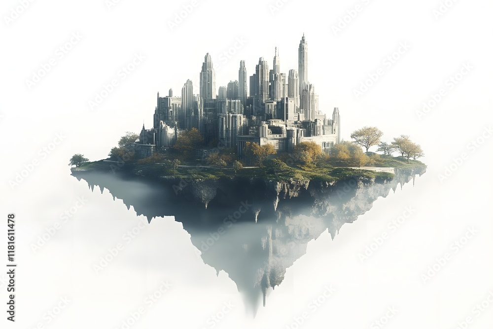 Poster a floating cityscape with modern architecture surrounded by mist and greenery.