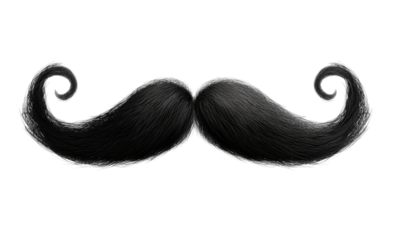 Black handlebar moustache illustration with realistic texture and detailed curved shape, bold facial hair symbol isolated on transparent background