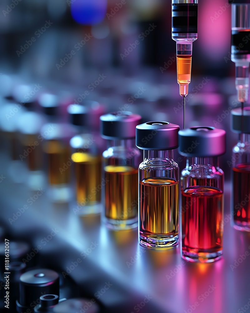 Poster automated pharmaceutical production line in a hightech laboratory, featuring syringes and vials movi
