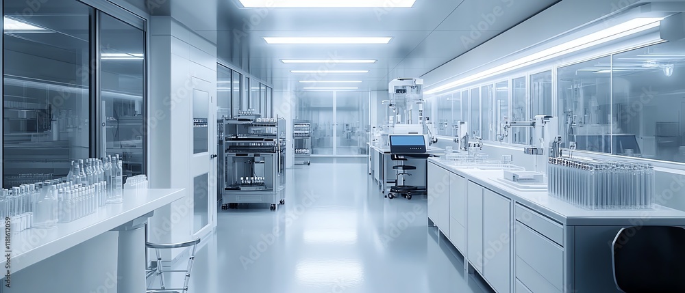 Poster automated pharmaceutical production line in a hightech laboratory, featuring syringes and vials movi