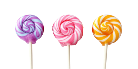 Colorful lollipops with swirl patterns, red yellow purple candies, sweet treats on sticks, fun dessert snacks, isolated on transparent background, confectionery design