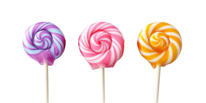 Colorful lollipops with swirl patterns, red yellow purple candies, sweet treats on sticks, fun dessert snacks, isolated on transparent background, confectionery design