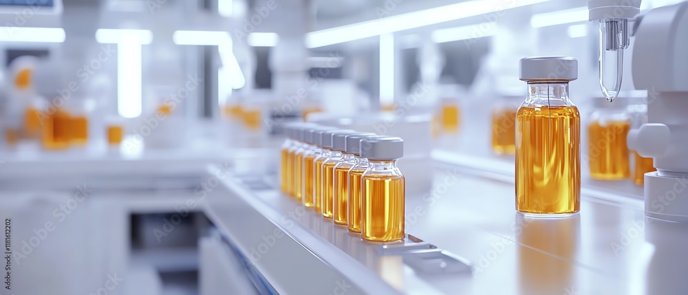 Poster automated pharmaceutical production line in a hightech laboratory, featuring syringes and vials movi