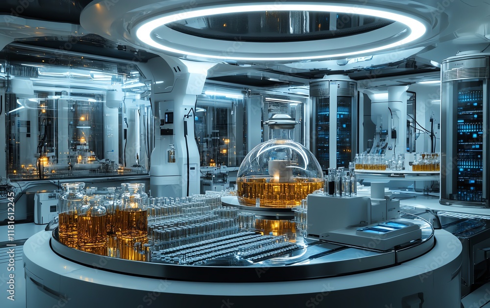 Poster automated pharmaceutical production line in a hightech laboratory, featuring syringes and vials movi