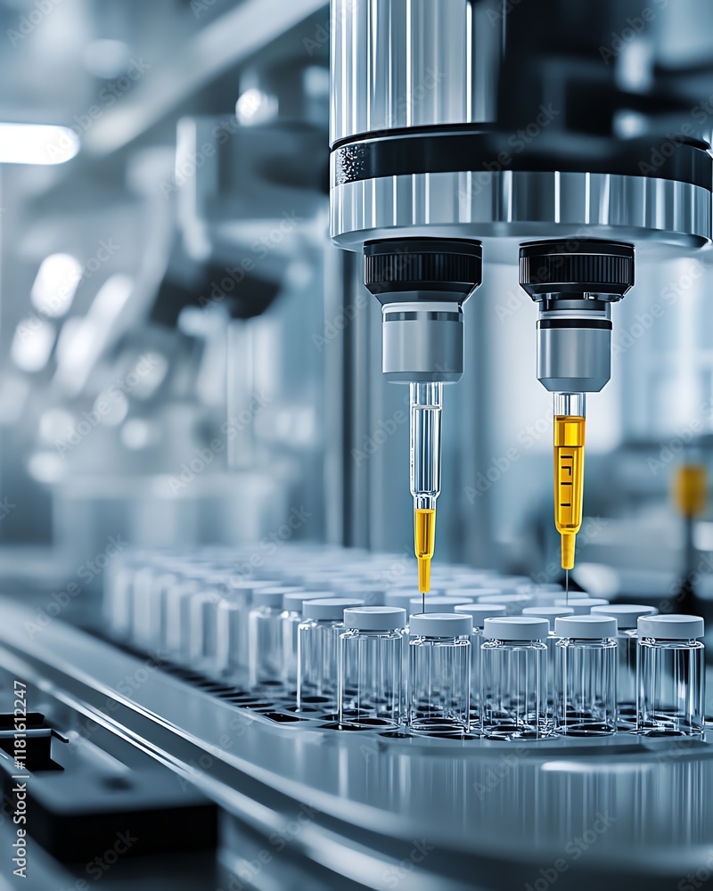 Poster automated pharmaceutical production line in a hightech laboratory, featuring syringes and vials movi